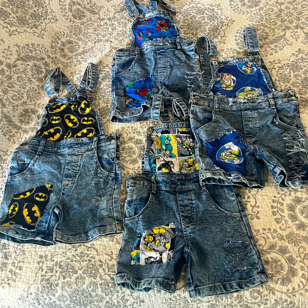 💙Boys 3T Distressed Patch Overalls Toy Story Marvel Batman